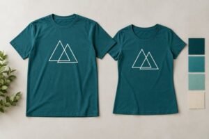 Two complete teal T-shirts with same simple white geometric print arranged next to reference swatches