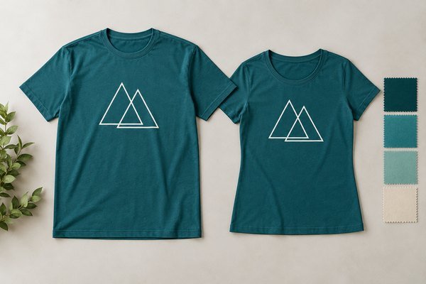 Two complete teal T-shirts with same simple white geometric print arranged next to reference swatches