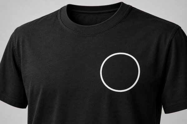 Black T-shirt chest closeup with crisp white circular print, authentic textile grain