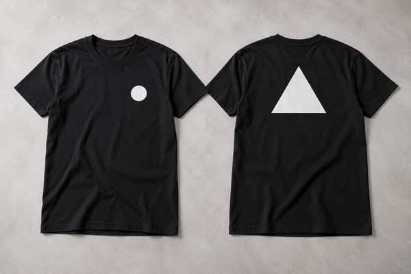 Full black T-shirt front and back on neutral table with different simple white geometric placement