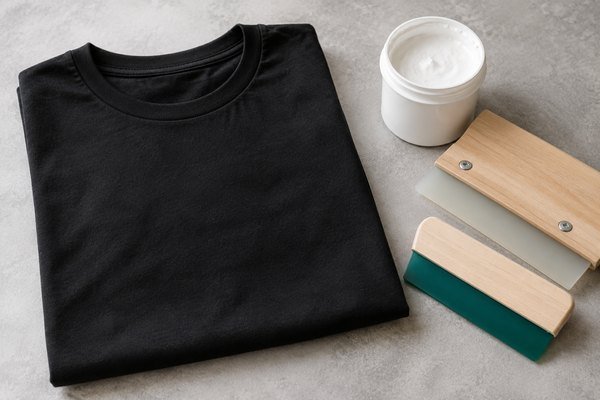 Black folded T-shirt beside white ink sample and two plain screen-printing tools