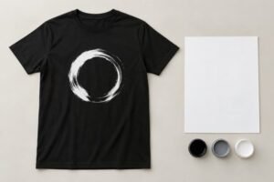 Complete black T-shirt with simple white circular abstract graphic, beside blank design sheet and ink swatches