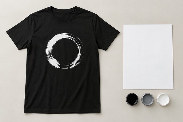 Complete black T-shirt with simple white circular abstract graphic, beside blank design sheet and ink swatches
