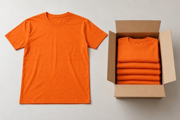 Complete orange crewneck T-shirt beside neatly folded orange shirts in open kraft carton