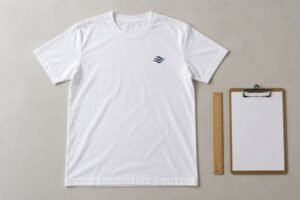 Complete white T-shirt with small dark blue abstract chest mark on inspection table with ruler and blank clipboard