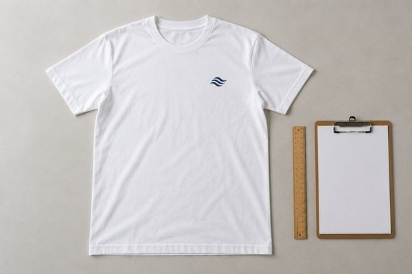 Complete white T-shirt with small dark blue abstract chest mark on inspection table with ruler and blank clipboard
