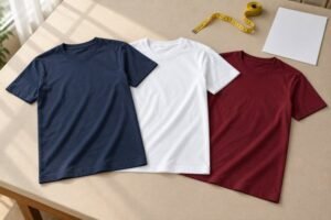 Three complete unbranded navy, white and burgundy promotional T-shirts on beige table beside blank quote sheet and tape