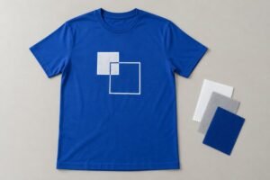 Complete royal blue T-shirt with clean white abstract square chest print on table beside plain sample swatches