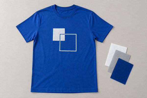 Complete royal blue T-shirt with clean white abstract square chest print on table beside plain sample swatches