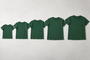 Five complete crewneck T-shirts in forest green in progressively larger sizes arranged flat on clean light table