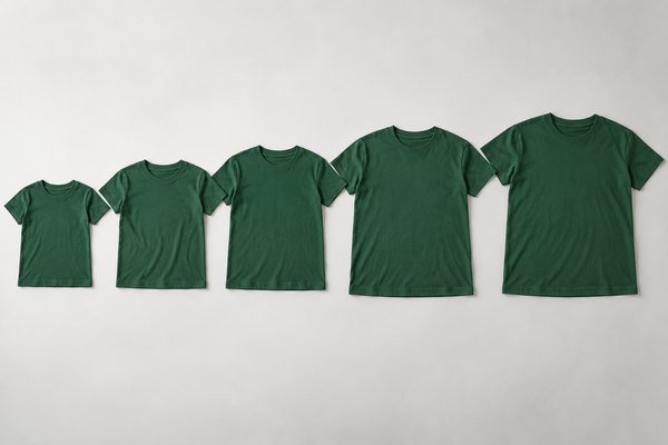 Five complete crewneck T-shirts in forest green in progressively larger sizes arranged flat on clean light table
