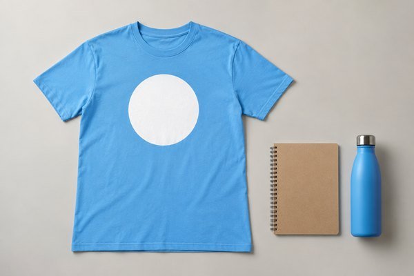 Complete sky blue event shirt with plain white circle graphic beside plain notebook and reusable water bottle