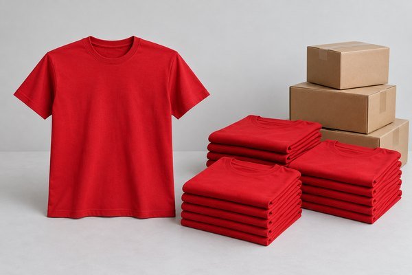 Complete red T-shirt next to three tidy stacks of folded red promotional shirts and small shipping cartons