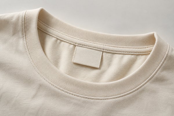 Cream T-shirt inside neck detail with plain cream woven label and neat stitching