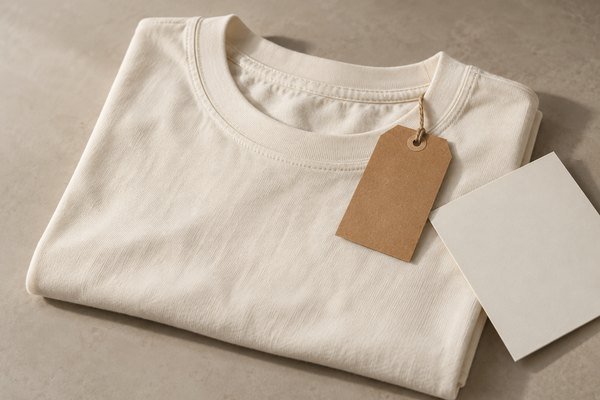 Cream T-shirt folded with plain kraft hangtag and blank offwhite packaging card