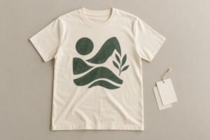 Complete cream promotional T-shirt with dark green abstract chest graphic beside plain private label cards