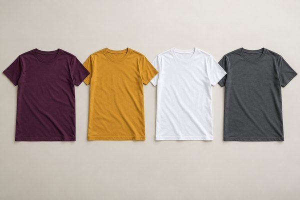 Four complete promotional T-shirts in plum, mustard, white and dark gray laid out neatly