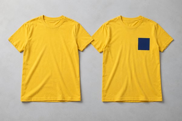 Two yellow T-shirts one plain and one with simple navy chest square laid flat complete