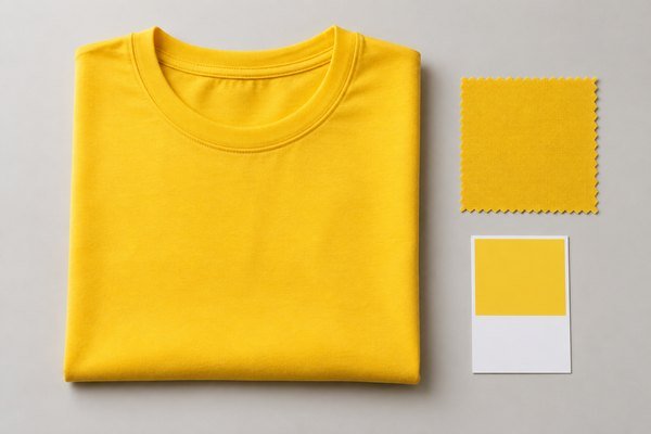 Yellow shirt folded beside approved yellow swatch and plain printed sample card with no text