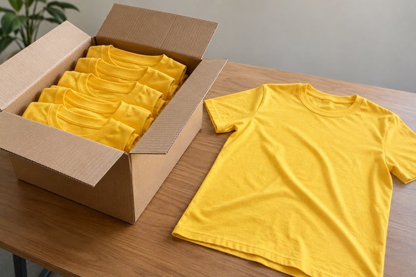 Open shipping carton of yellow shirts with one complete yellow shirt displayed on adjacent table