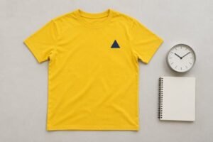 Complete yellow campaign T-shirt with navy simple geometric chest mark beside plain analog clock and blank planner
